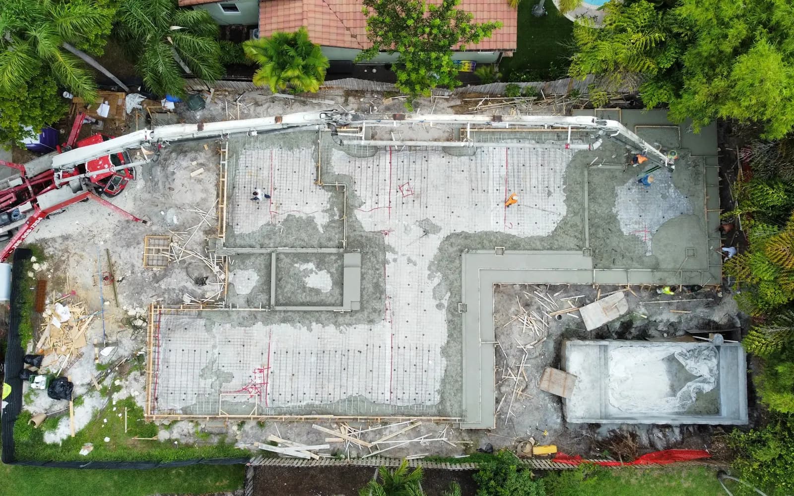 Permitted foundation work on a new home, aerial view