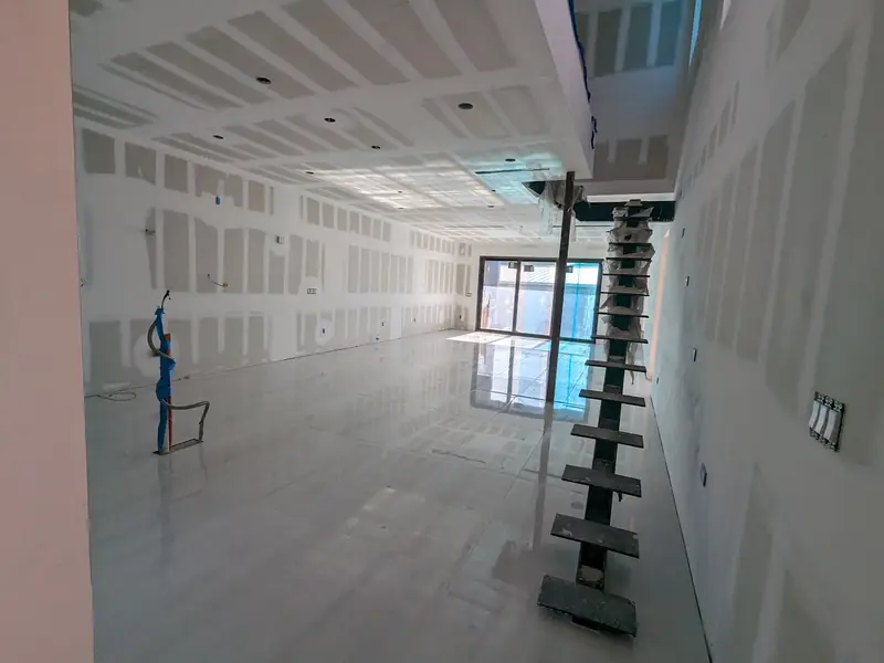 Glass railing and windows, interior view