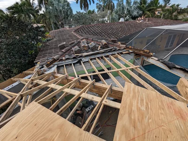Tile roof removed down to the trusses