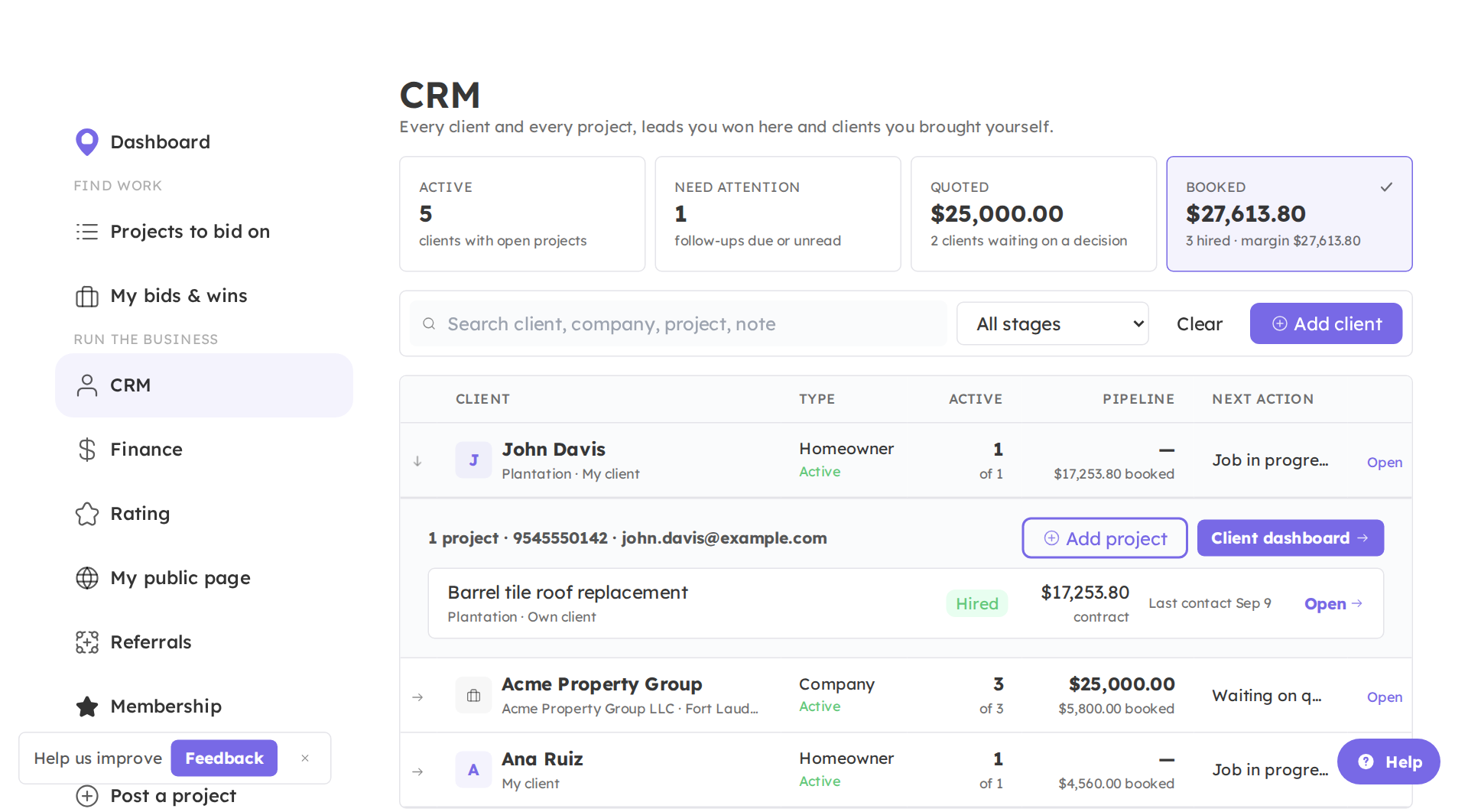 The CRM table: clients with active projects, pipeline value and next action