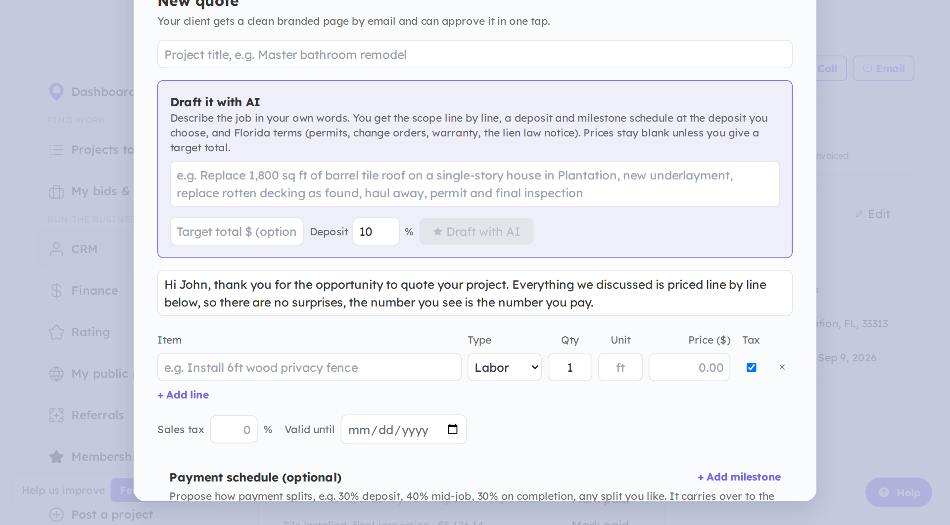 The quote builder with the Draft it with AI panel