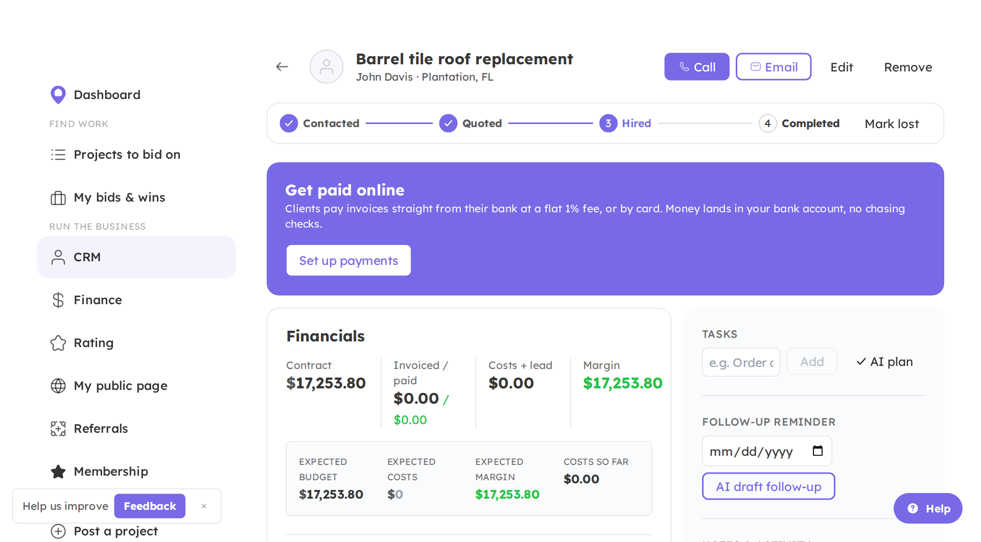 The project dashboard with financials and invoices