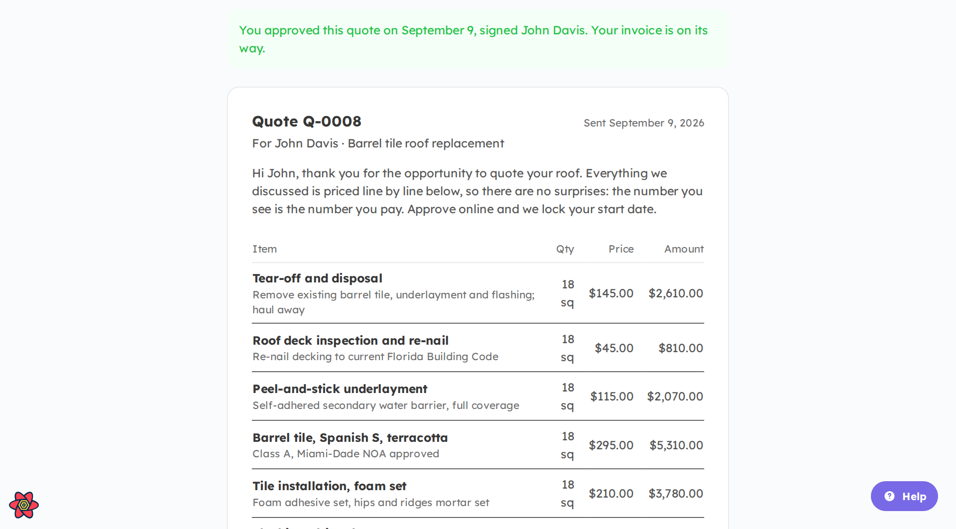 The public quote page a client sees on their phone