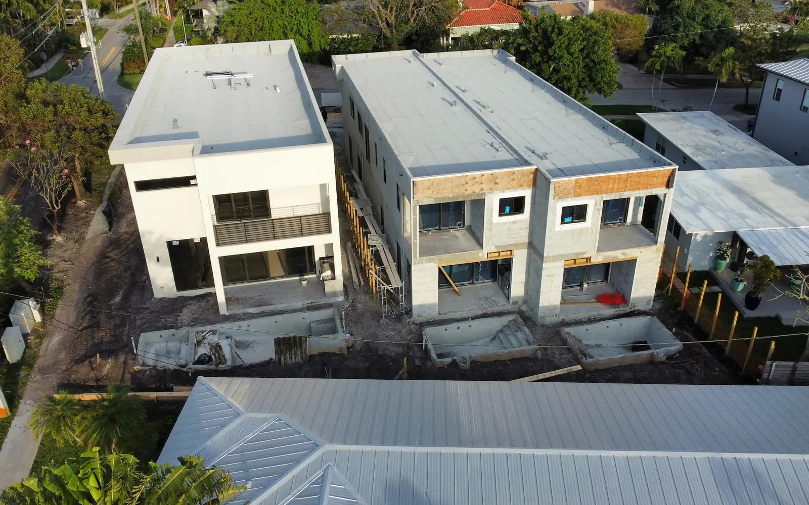New two-story home under construction, aerial view